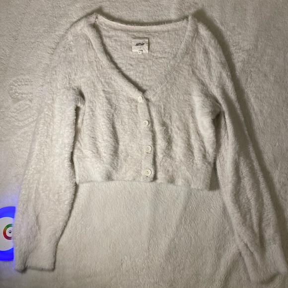 Aerie White Faux-Fur Cardigan Small Cropped EUC - Picture 9 of 11
